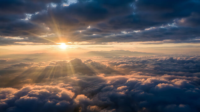 Aerial view of clouds and bright sunrays during sunrise over landscape