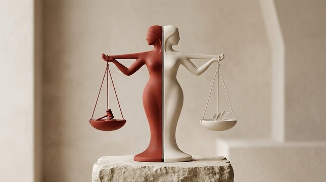 Artistic feminine sculpture representing justice and balance with red and white female figures holding scales on stone pedestal against soft indoor lighting backdrop.