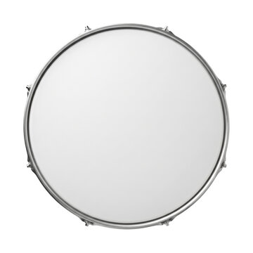 Top view of classic white snare drum head with chrome rim