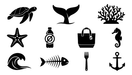 Marine Icons Featuring a Turtle, Whale Tail, Coral, Starfish, Water Bottle, Handbag, Seahorse, Wave, Fish Skeleton, Fork, Anchor © MdMamnur