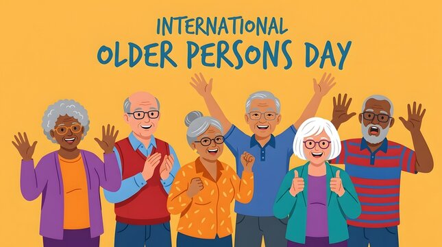 International older persons day illustration celebrating senior citizens with joyful waving gestures