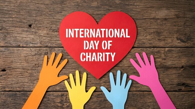 International day of charity concept with diverse hands reaching for a red heart