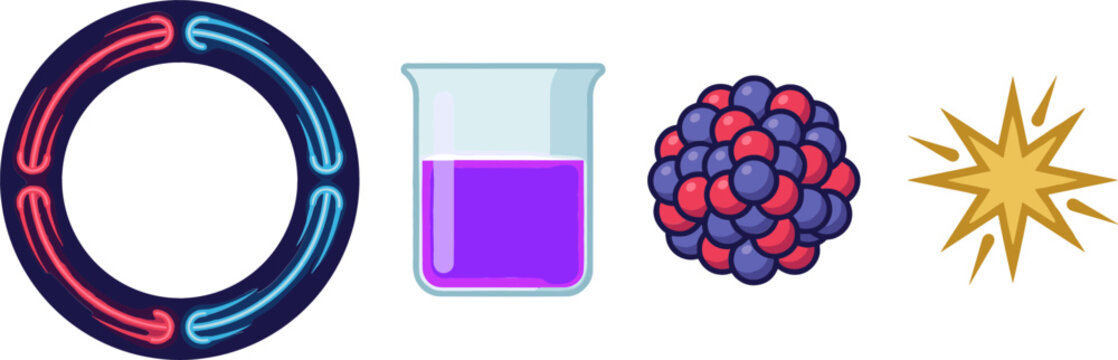 Nuclear Physics and Chemistry Science Vector Set with Particle Accelerator Ring Laboratory Glass Beaker Atomic Nucleus and Spark Flash Explosion Icons
