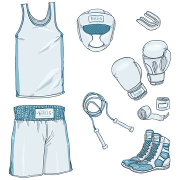 Vector Set of White Cartoon Boxing Equipment.