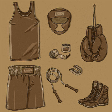 Vector Set of Boxing Equipment in Vintage Style