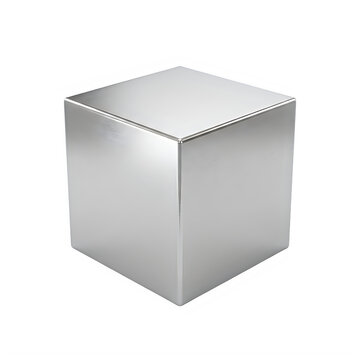 Solid polished metallic silver cube standing on flat surface isolated on transparent background