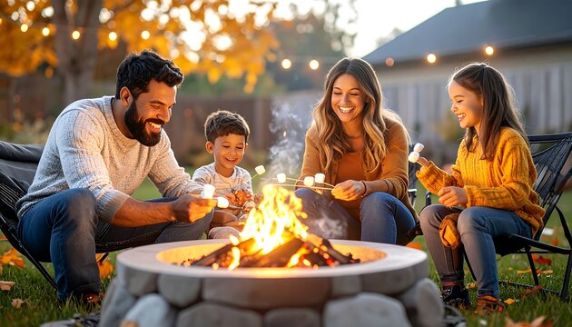 Family enjoying roasting marshmallows around a fire pit in the backyard at dusk.