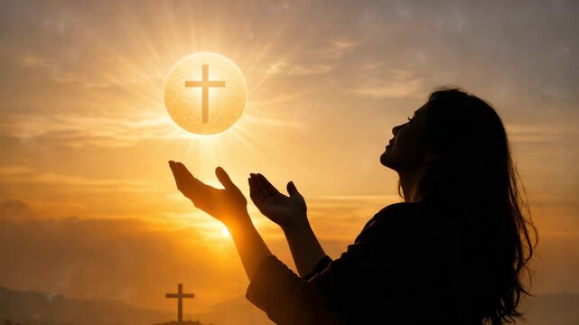 A silhouette of a person praying with their hands up in the air during sunset. The sun is partially obscured by a cross symbol, creating a serene and spiritual atmosphere.