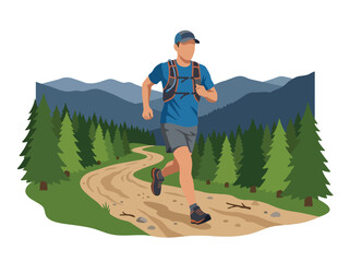 Fototapeta premium Flat style vector illustration of a male trail runner exercising on a mountain forest path. Perfect for fitness, endurance, outdoor sports, healthy lifestyle and recreation designs