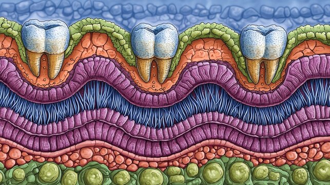 Cross-Sectional Medical Illustration of Dental Anatomy and Gingival Layers