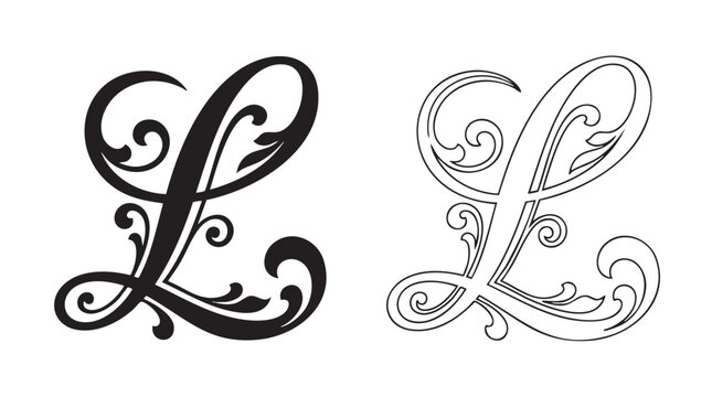 black vector silhouette with line art pair icon of art nouveau letter l