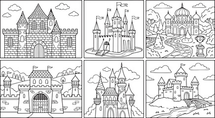 Set of six different fantasy castles for coloring book pages with landscape details