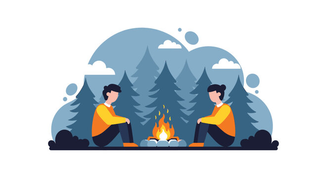 Two men sitting by campfire together.