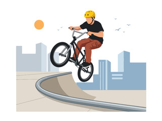 Obraz premium Flat style vector illustration of a male BMX rider performing an aerial trick above a freestyle park ramp. Perfect for cycling, extreme sports, recreation, youth culture and action designs