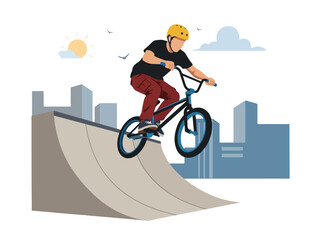 Obraz premium Flat style vector illustration of a male BMX rider performing an aerial trick above a freestyle park ramp. Perfect for cycling, extreme sports, recreation, youth culture and action designs