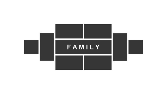 Family photo collage grid template with center typography on light grey background 25fps