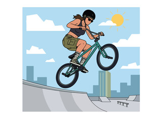 Obraz premium Flat style vector illustration of a female BMX rider performing a jump in an urban skatepark under sunny skies. Perfect for cycling, extreme sports, recreation, youth lifestyle and fitness designs
