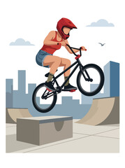 Obraz premium Flat style vector illustration of a female BMX rider performing a jump in an urban skatepark under sunny skies. Perfect for cycling, extreme sports, recreation, youth lifestyle and fitness designs