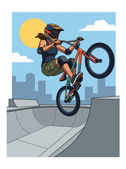 Obraz premium Flat style vector illustration of a female BMX rider performing a jump in an urban skatepark under sunny skies. Perfect for cycling, extreme sports, recreation, youth lifestyle and fitness designs