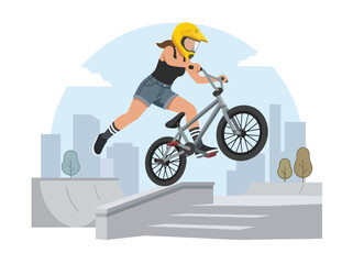 Obraz premium Flat style vector illustration of a female BMX rider performing a jump in an urban skatepark under sunny skies. Perfect for cycling, extreme sports, recreation, youth lifestyle and fitness designs