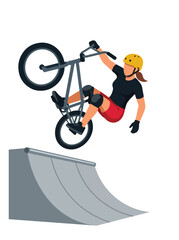 Obraz premium Flat style vector illustration of a female BMX rider performing a jump in an urban skatepark under sunny skies. Perfect for cycling, extreme sports, recreation, youth lifestyle and fitness designs
