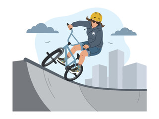 Obraz premium Flat style vector illustration of a female BMX rider performing a jump in an urban skatepark under sunny skies. Perfect for cycling, extreme sports, recreation, youth lifestyle and fitness designs