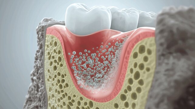 Cross Section Illustration of Human Gum and Tooth with Bacterial Plaque Accumulation