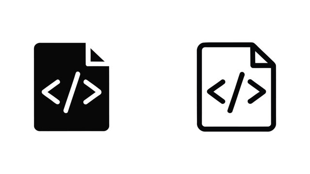 Stylized coding file icons with angle bracket slash symbol in solid black and outlined variations side by side on white background representing programming, markup language, and software development c