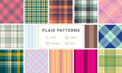 Plaid collection designed for picnic gear, summer blankets, and casual fashion items. Seamless vectors provide scalable, professional-quality designs. © SolaruS