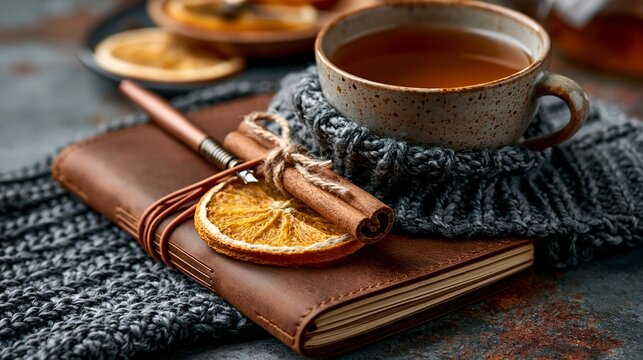 A cozy autumn scene featuring a warm cup of tea, a rustic journal, dried orange slices, and a soft, knitted blanket