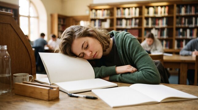 Realistic  student accidentally sleeping in an awkward position during a study session