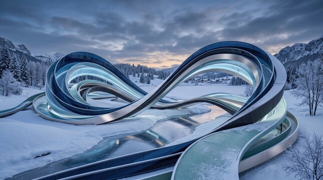 First Day of Winter (USA/Canada)2026 abstract background design Modern roller coaster track winding through snowy mountainous landscape