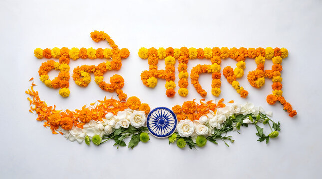  colorful Indian flag or Indian Tiranga  made with flower design and Hindi text  'Vande Matram' means 'salute to Mother land', Indian national day celebration concept