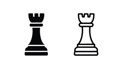 Stylized chess rook icons in solid black silhouette and outlined variation side by side on white background representing strategy, competition, game piece, and intellectual challenge concepts © VectAmaze