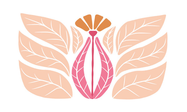 Abstract art featuring flowers and leaves in shades of pink and orange, with a feminine feel. transparent background.