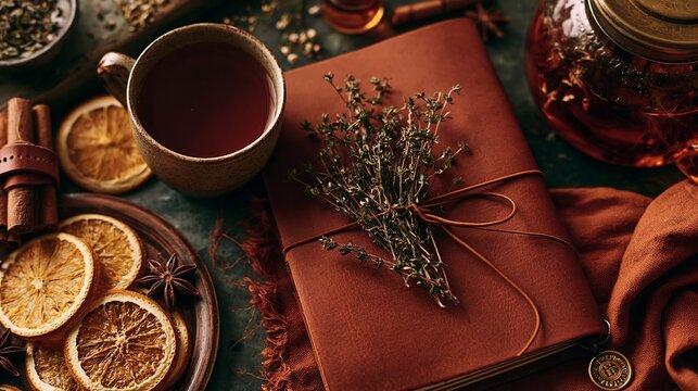 Cozy autumn still life with herbal tea, dried citrus, leather journal, and rustic elements, evoking warmth and relaxation