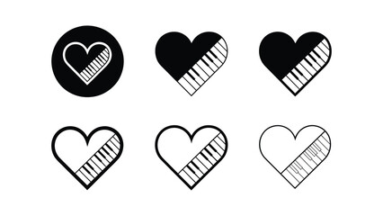 Stylized heart icons combined with piano keys in filled and outlined variations arranged in rows on white background representing love for music, passion, creativity, and artistic expression symbols © VectAmaze