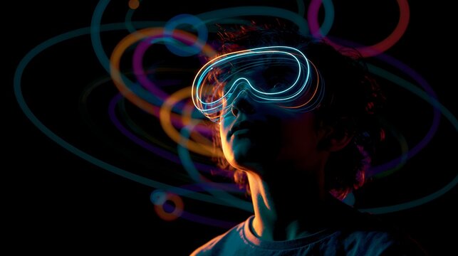 Young man wearing glowing neon virtual reality goggles in dark futuristic metaverse concept