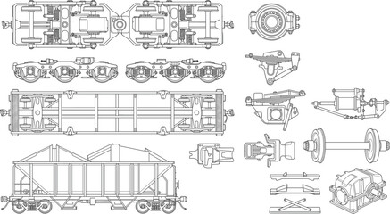 Obraz premium Isometric Railway Freight Wagon Components CAD Collection for Rail Engineering Design