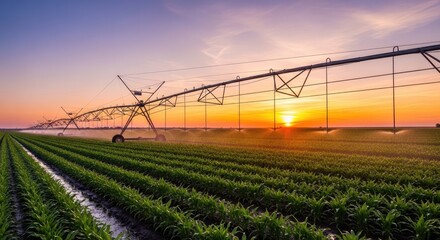 Obraz premium Center pivot irrigation system in green field at sunset.