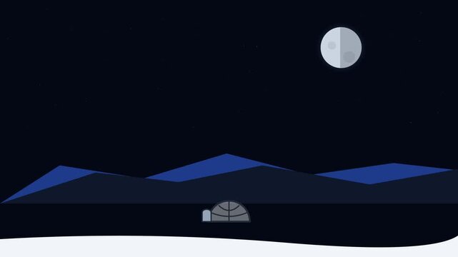Igloo nestled in a vast snowy arctic landscape beneath a bright glowing moon in this minimalist vector animation motion clip