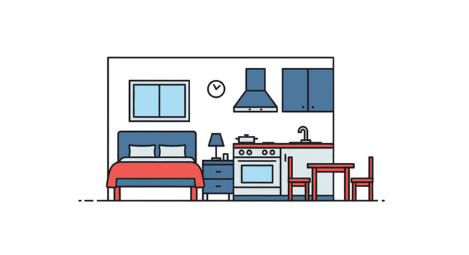Modern apartment interior illustration bedroom kitchen combo layout design