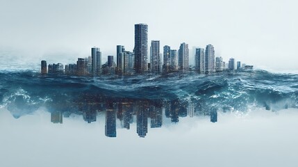 Fototapeta premium A surreal city skyline emerges from turbulent ocean waves, blending urban architecture with the power of nature.