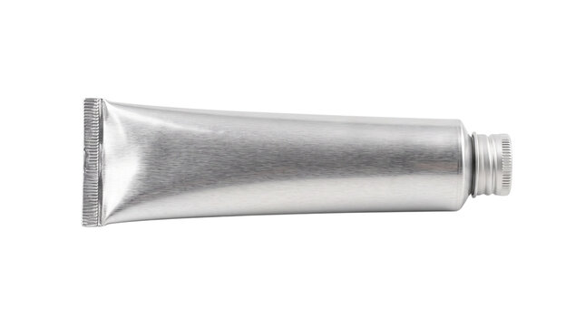 Metallic silver aluminum tube mockup, blank squeeze tube for paint or cosmetics. Industrial metal packaging container for art supplies and creams.