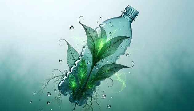 Eco-friendly biodegradable plastic bottle breaking down in water. Sustainable packaging concept for environmental conservation.