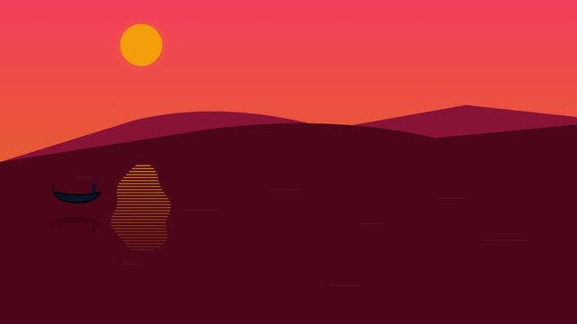 Lone wooden boat drifts across calm red waters during a vibrant sunset in this minimalist vector animation video motion clip