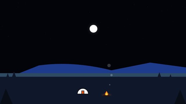 Camping tent and glowing campfire under full moon in minimalist animation footage showing peaceful night scenery in the wild mountains