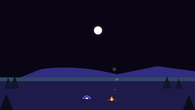 Minimalist night camping scene featuring a glowing orange campfire and small blue tent under a bright full moon video