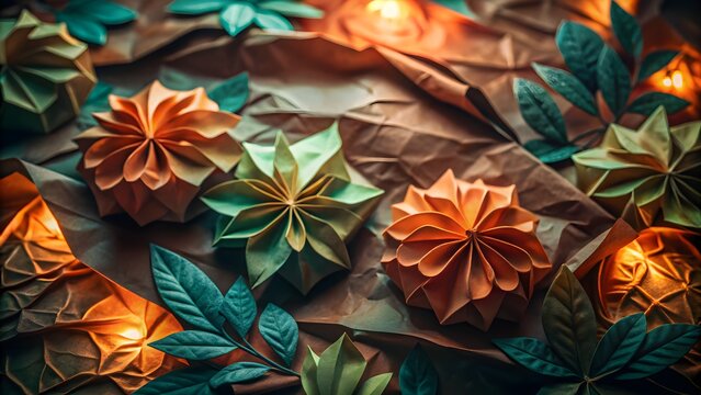 Handmade paper flower arrangements with green leaves and warm lights handmade lighting botanical creativity sculpture background decoration papercraft aesthetic composition ornamental