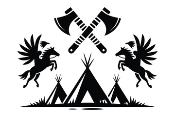 Native american tribal illustration with teepees pegasus horses and crossed axes © Roney